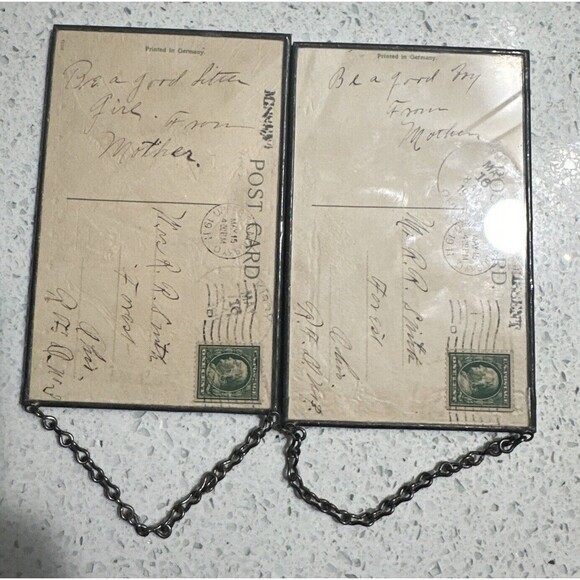 Antique Postcards In Leaded Glass Frames Post Stamped 1911 Wish Thoughts To Son - Picture 4 of 6